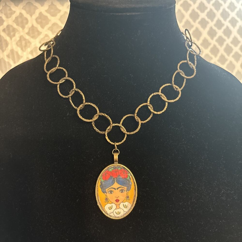 OOAK Bronze Tone Frida Kahlo Portrait Pendant Necklace Yellow Red Choker New